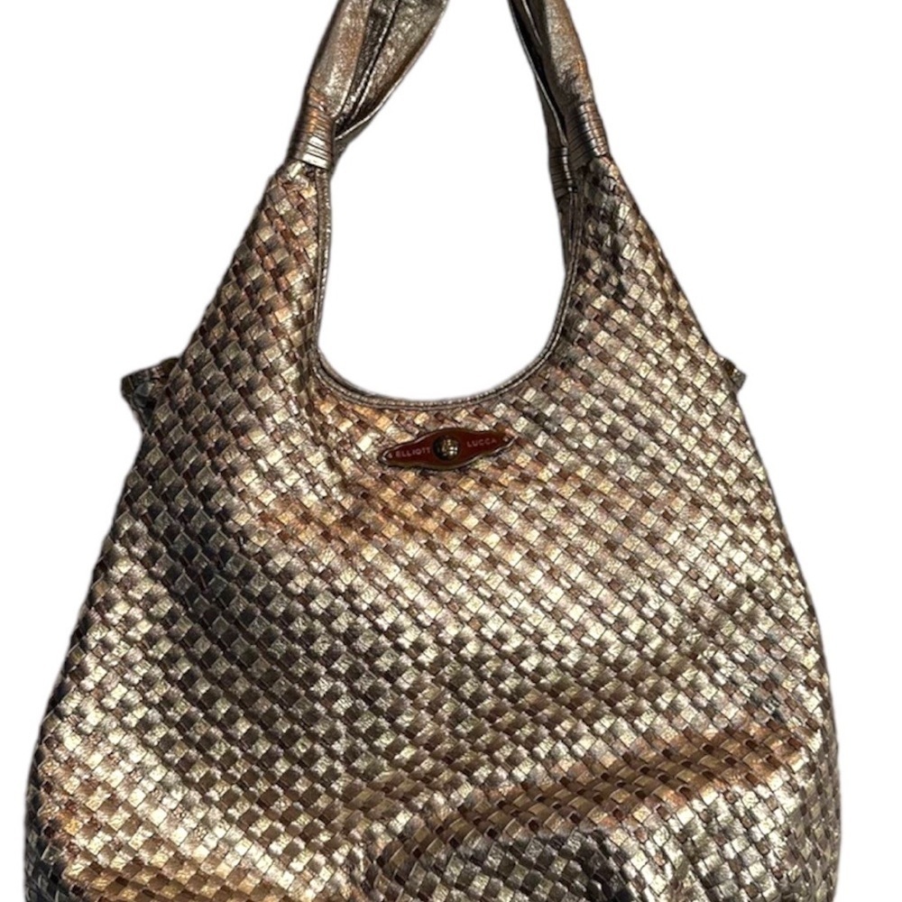 Elliott Lucca Gold Silver Metallic Leather Woven Hobo Shoulder Bag Purse‌‌